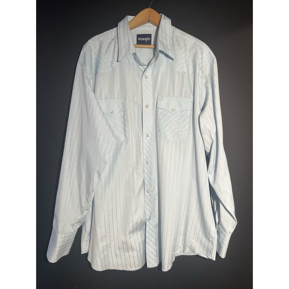 Wrangler Pearl Snap Shirt Mens 2XL Blue Dobby Striped Sport Rockabilly Rodeo (c9